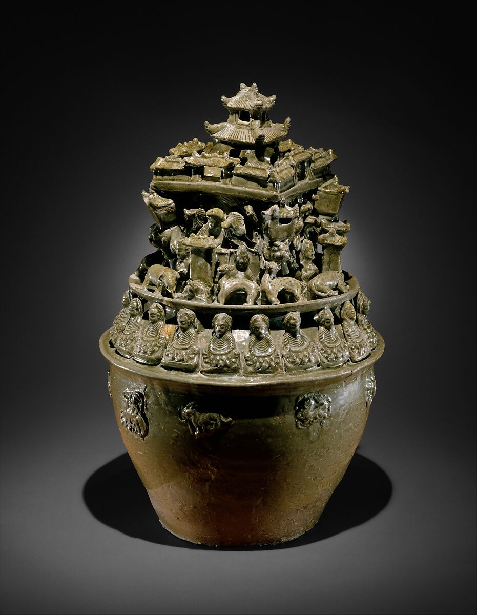 Funerary Urn (Hunping), Stoneware with olive green glaze (Yue ware), China