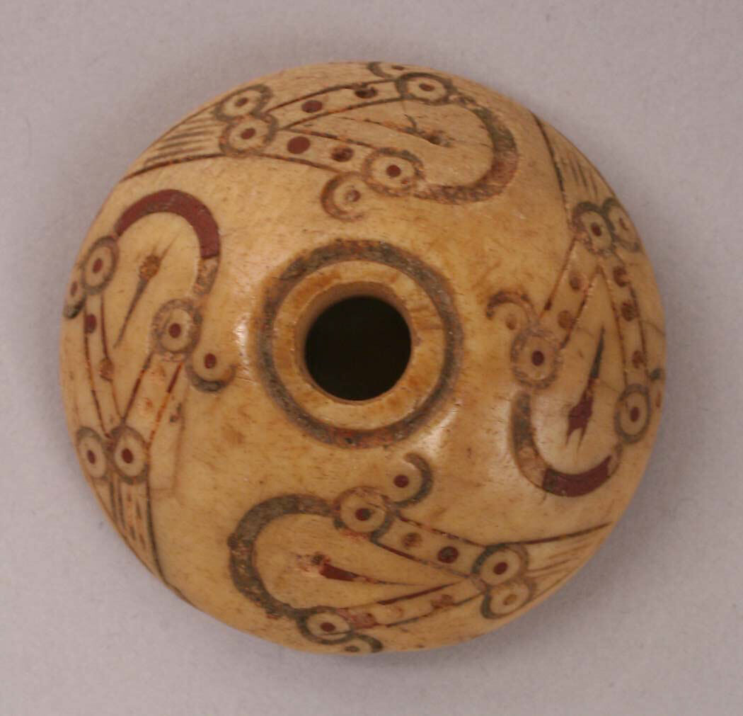 Spindle Whorl, Bone; incised and inlaid with paint 