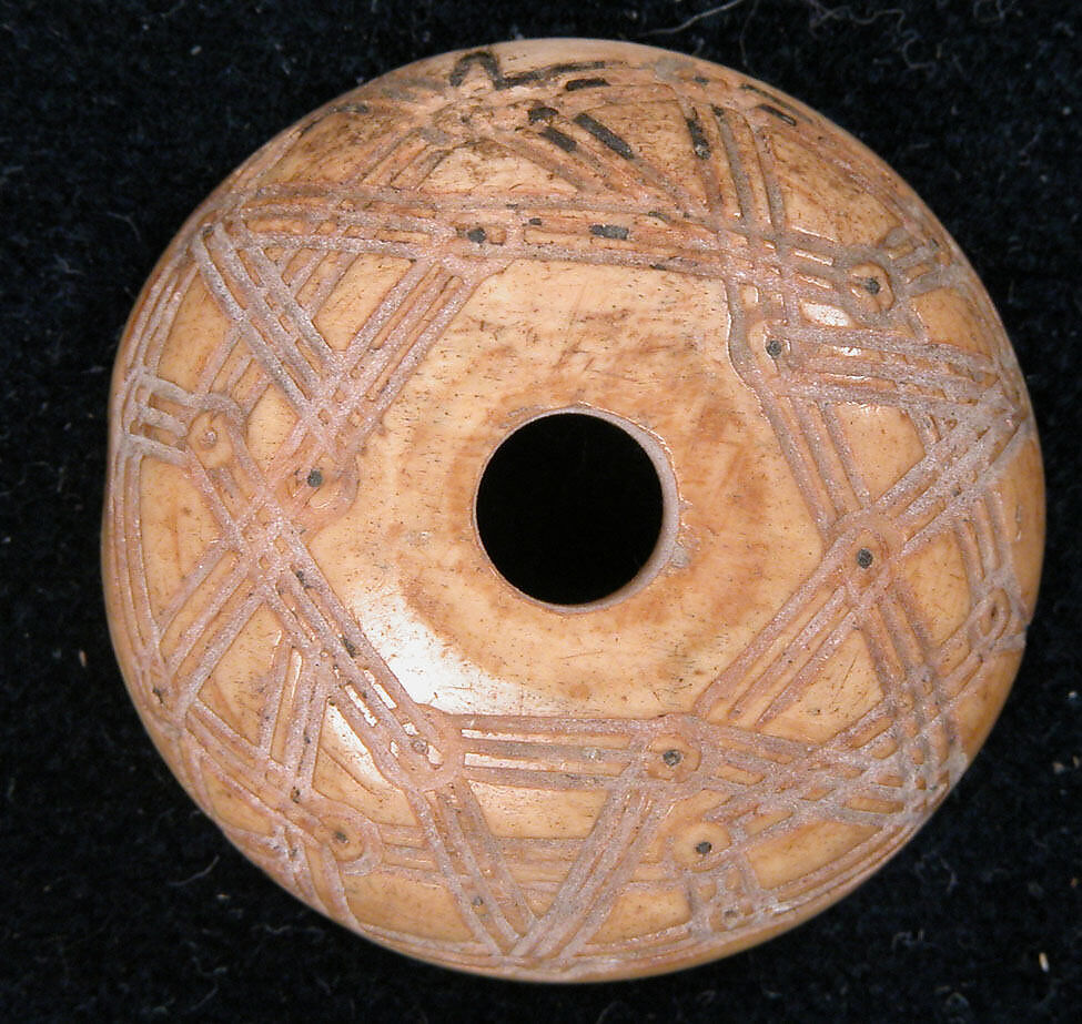 Spindle Whorl, Bone; incised and inlaid with paint