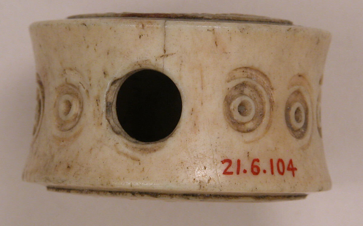 Spool, Bone; pierced, incised, and inlaid with paint