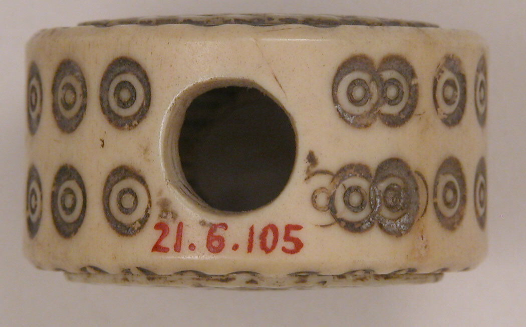 Spool, Bone; pierced, incised, and inlaid with paint