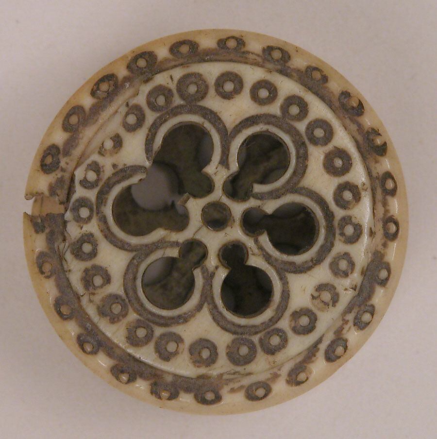 Spool, Bone; pierced, incised, and inlaid with paint