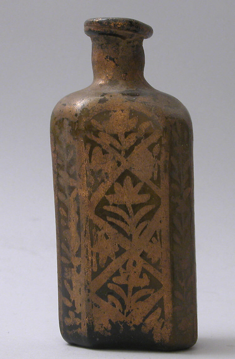 Bottle, Glass; mold blown and painted 