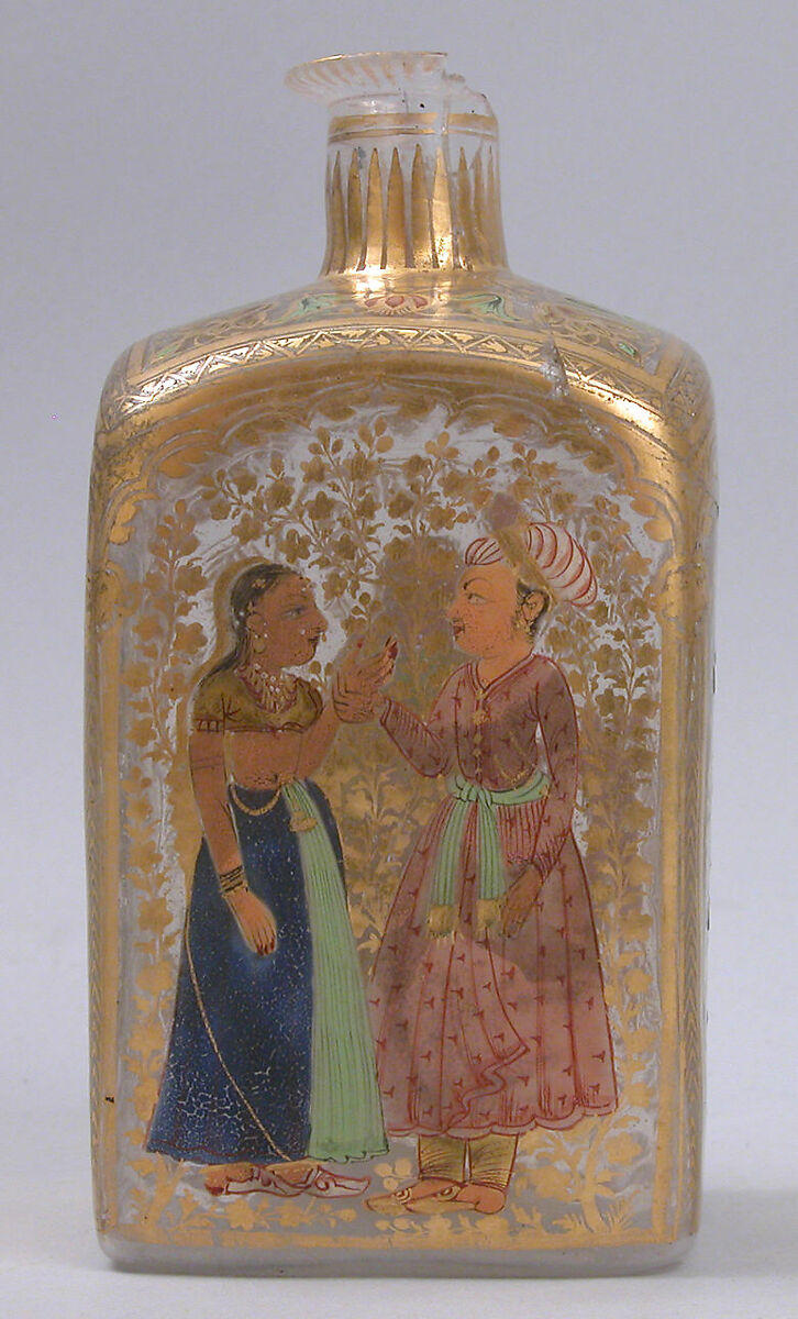 Case Bottle with an Amorous Couple and a Lady with a Deer, Glass, colorless; mold blown, enameled, and gilded 