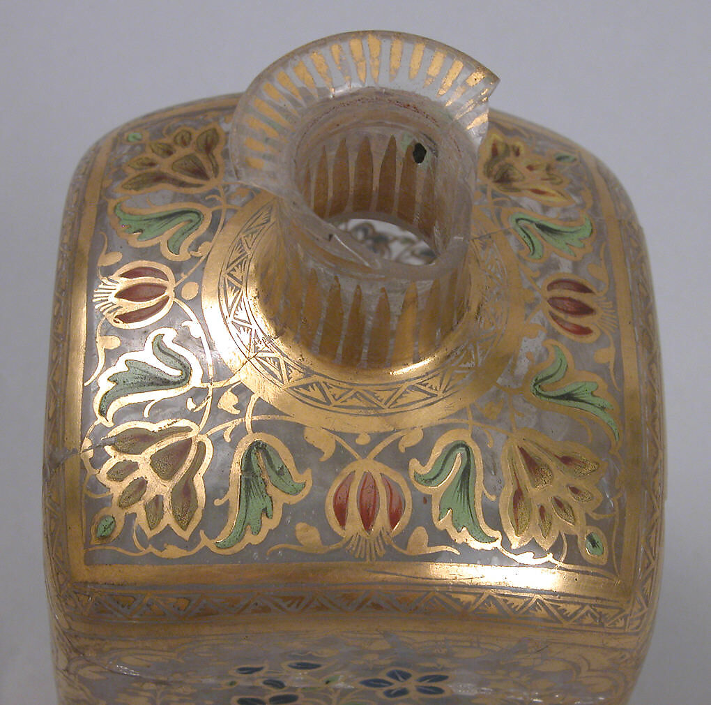 Case Bottle with an Amorous Couple and a Lady with a Deer, Glass, colorless; mold blown, enameled, and gilded
