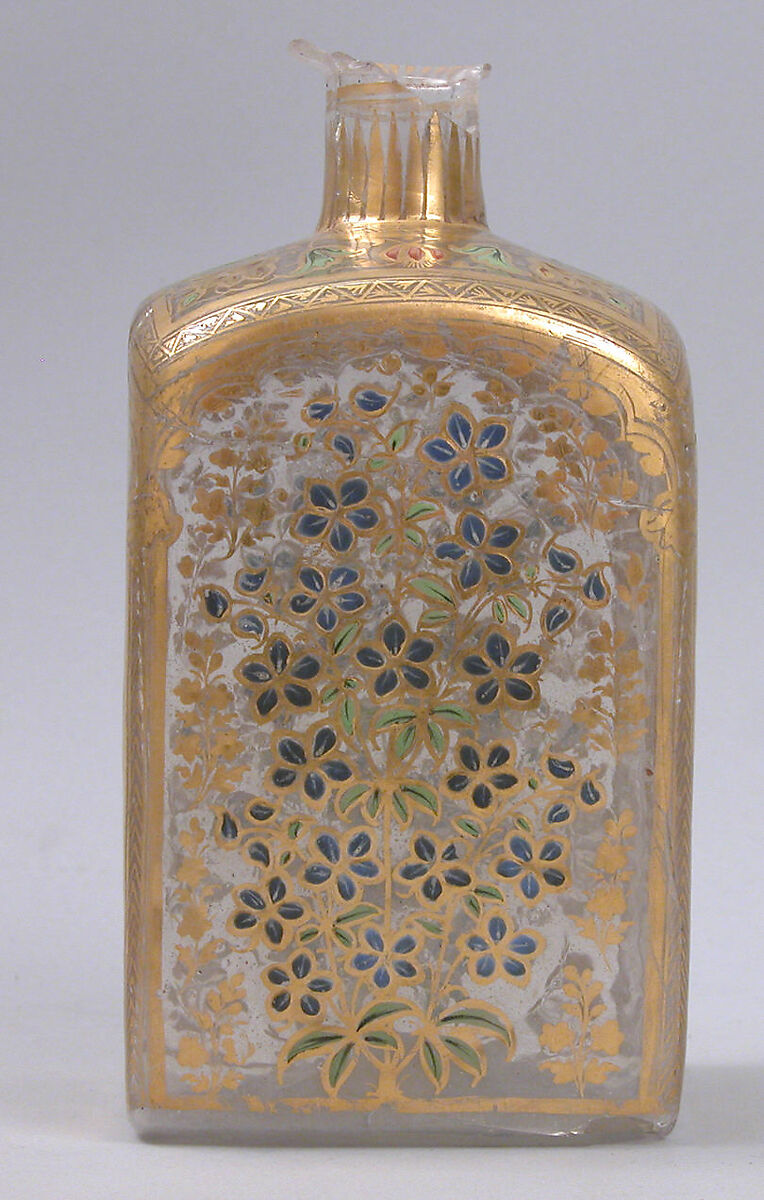 Case Bottle with an Amorous Couple and a Lady with a Deer, Glass, colorless; mold blown, enameled, and gilded