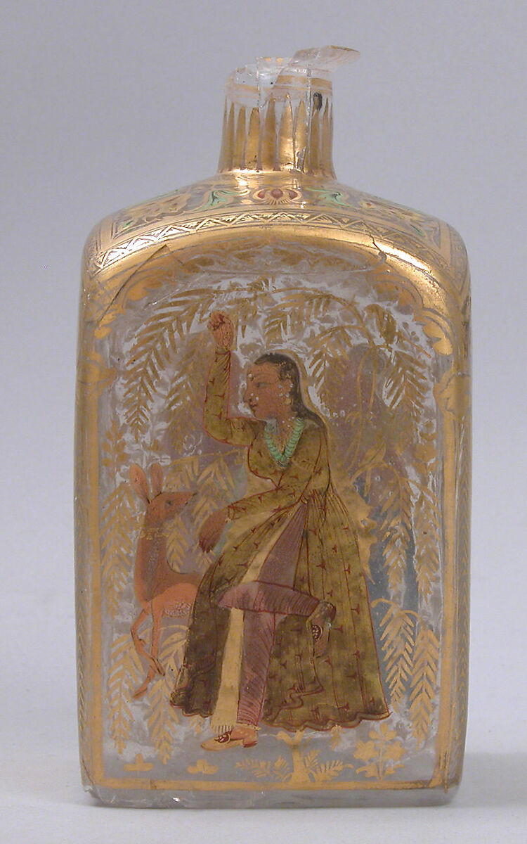 Case Bottle with an Amorous Couple and a Lady with a Deer, Glass, colorless; mold blown, enameled, and gilded