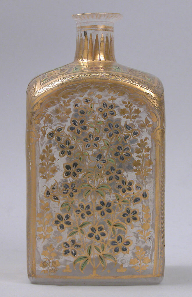 Case Bottle with an Amorous Couple and a Lady with a Deer, Glass, colorless; mold blown, enameled, and gilded