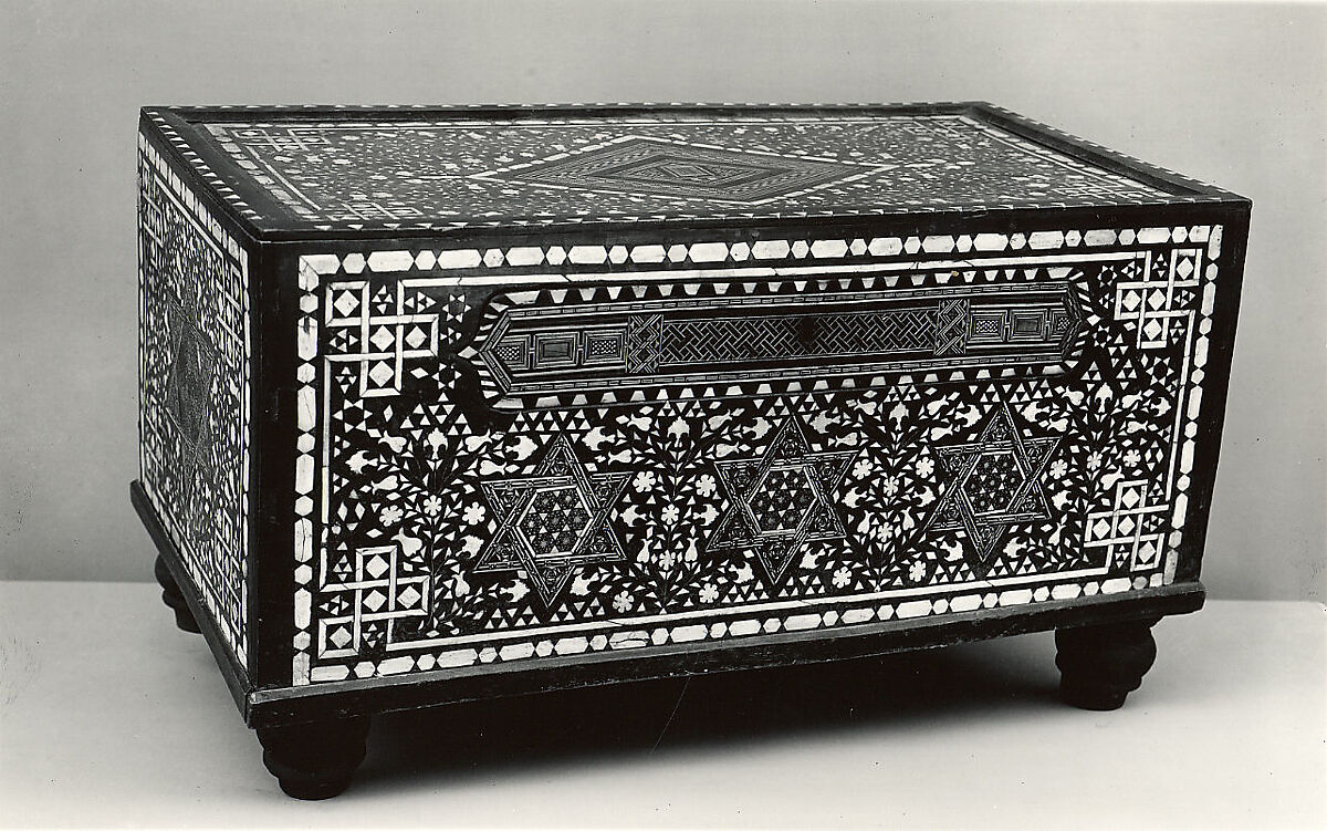 Bath Box, Wood; inlaid with bone and colored-wood, and lathe-turned feet