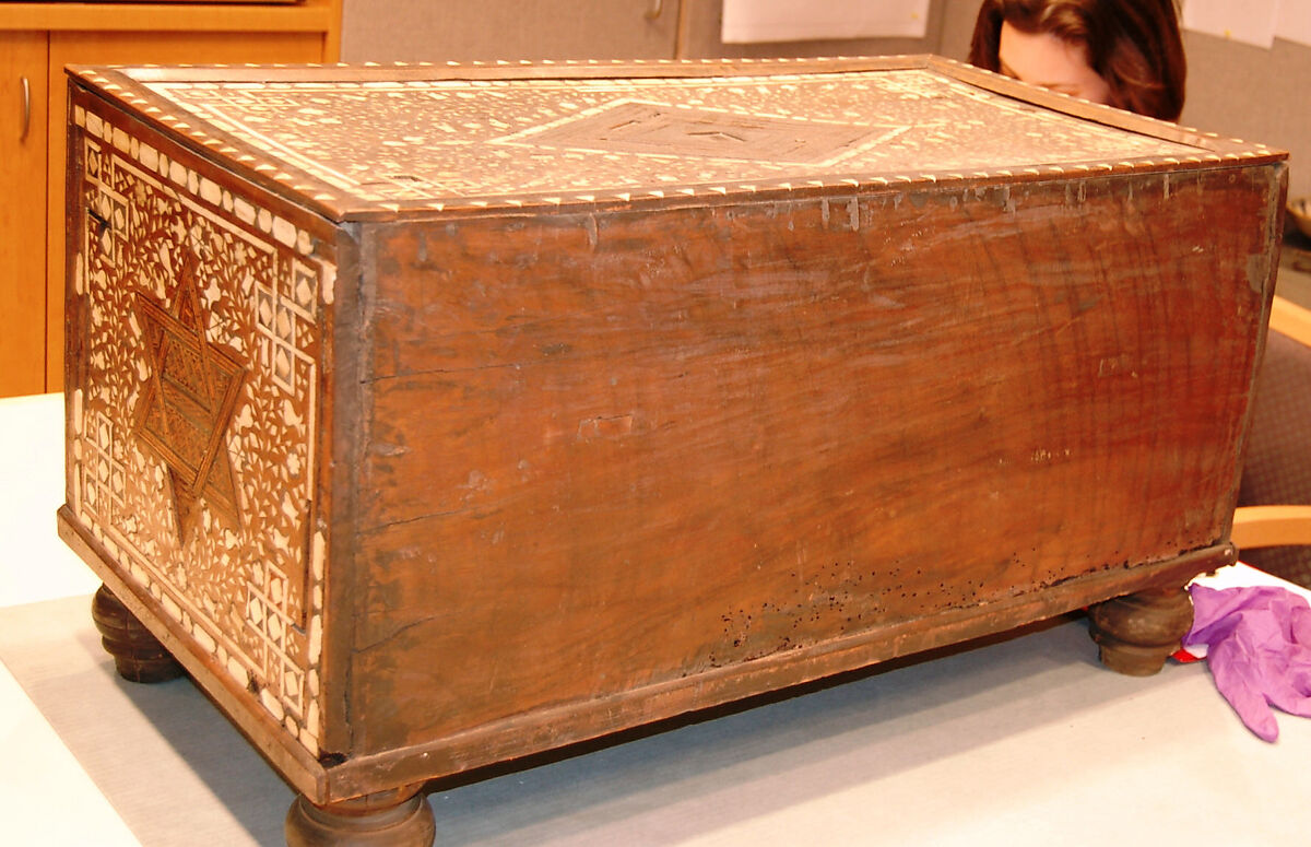 Bath Box, Wood; inlaid with bone and colored-wood, and lathe-turned feet