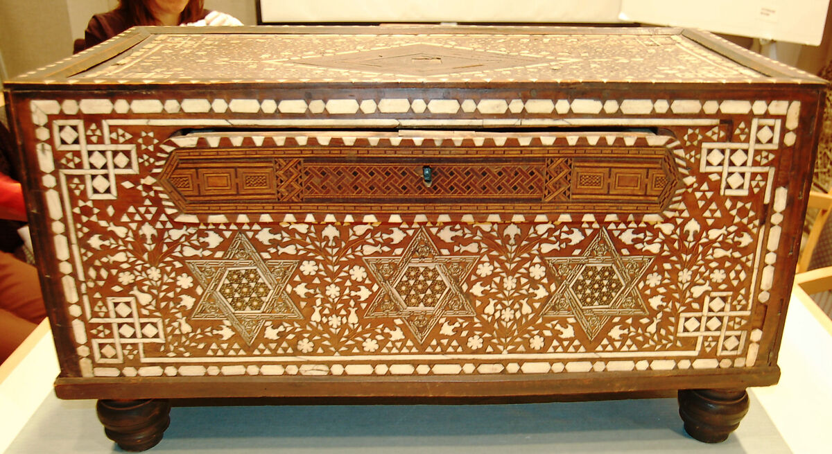 Bath Box, Wood; inlaid with bone and colored-wood, and lathe-turned feet