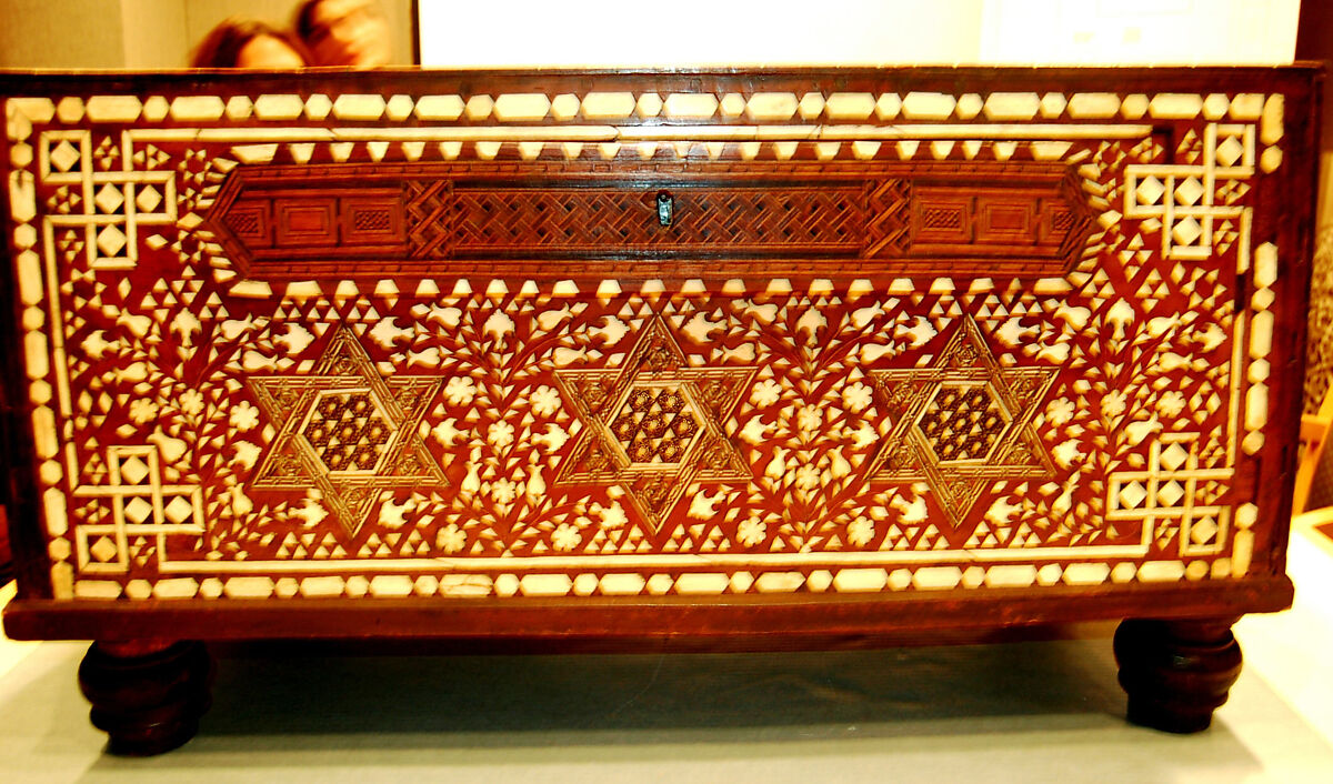 Bath Box, Wood; inlaid with bone and colored-wood, and lathe-turned feet