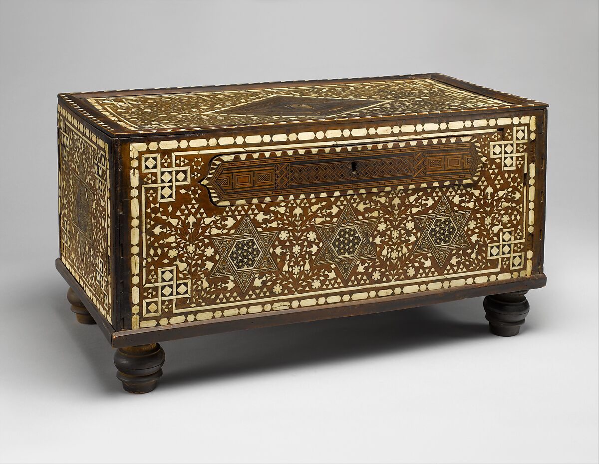 Bath Box, Wood; inlaid with bone and colored-wood, and lathe-turned feet 