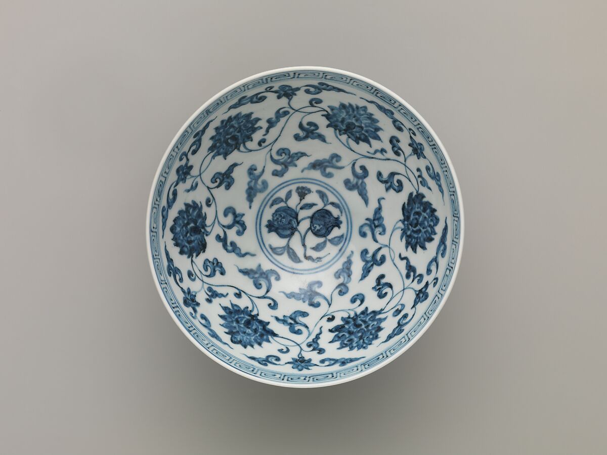 Bowl with Peonies, Narcissus, and Pomegranates, Porcelain painted with cobalt blue under transparent glaze (Jingdezhen ware), China 