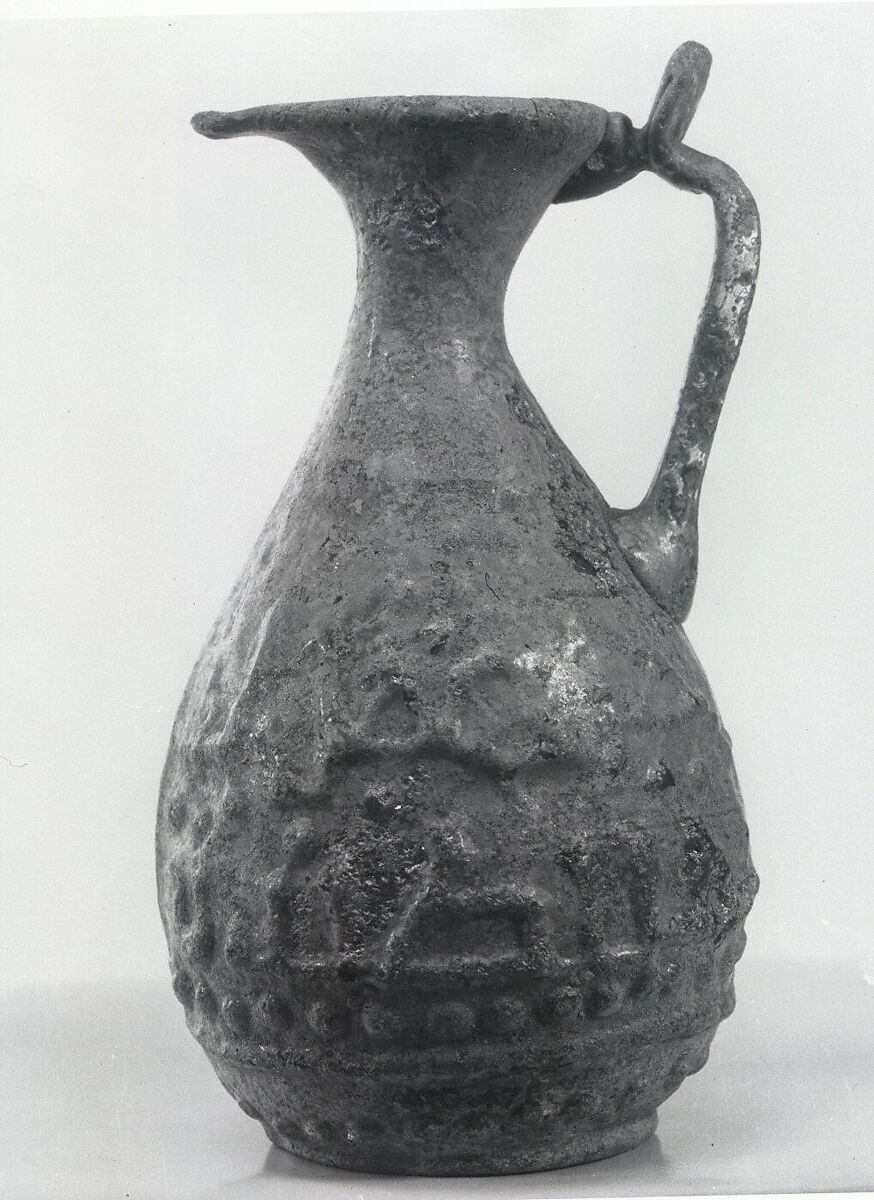 Ewer with Molded Inscription, Glass, greenish; mold blown, applied handle