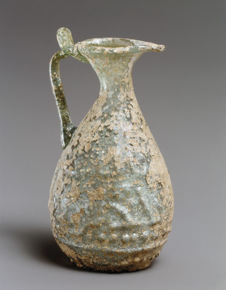 Ewer with Molded Inscription, Glass, greenish; mold blown, applied handle