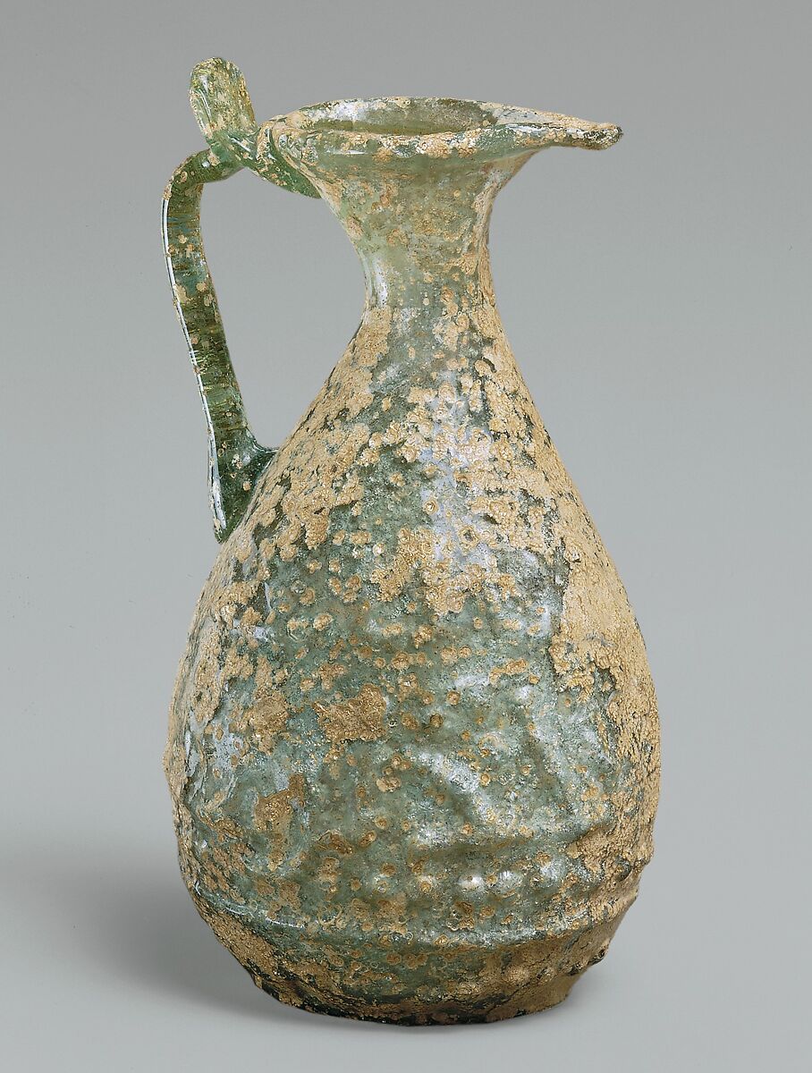 Ewer with Molded Inscription, Glass, greenish; mold blown, applied handle