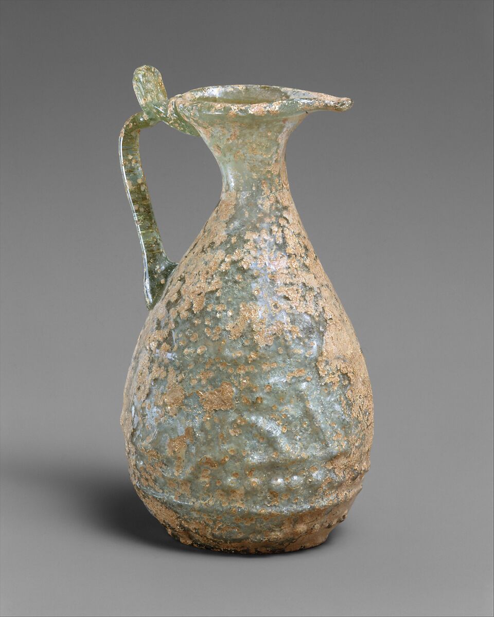 Ewer with Molded Inscription, Glass, greenish; mold blown, applied handle 