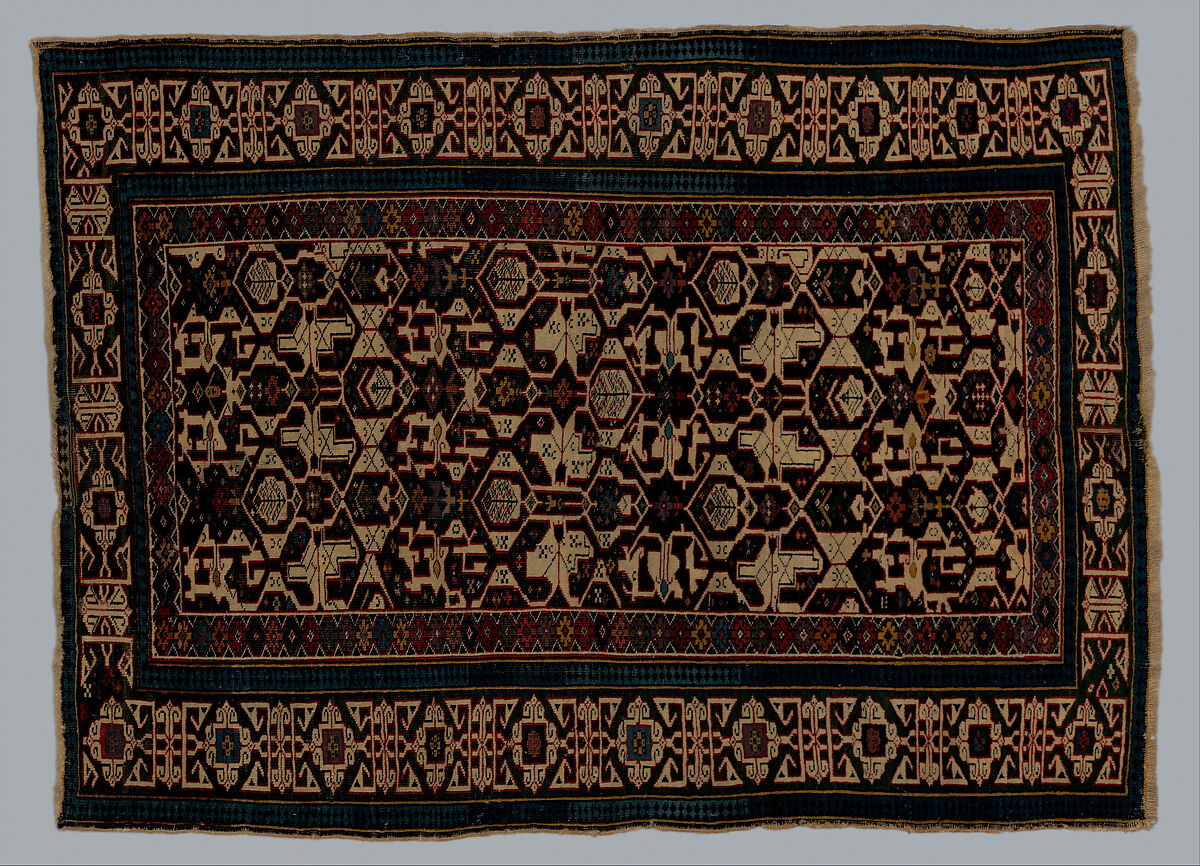 Kufesque-Border Lattice Shirvan Rug, Wool (warp, weft and pile); symmetrically knotted pile 