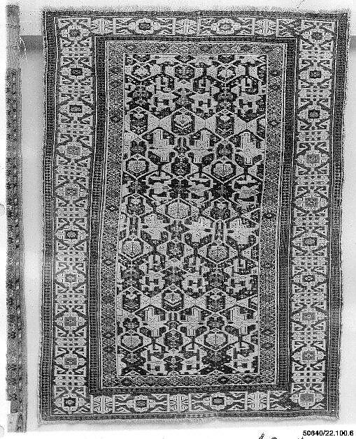 Kufesque-Border Lattice Shirvan Rug, Wool (warp, weft and pile); symmetrically knotted pile