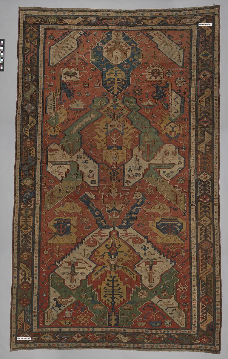 Carpet with a Geometricized Medallion Design, Wool (warp, weft); sumak
