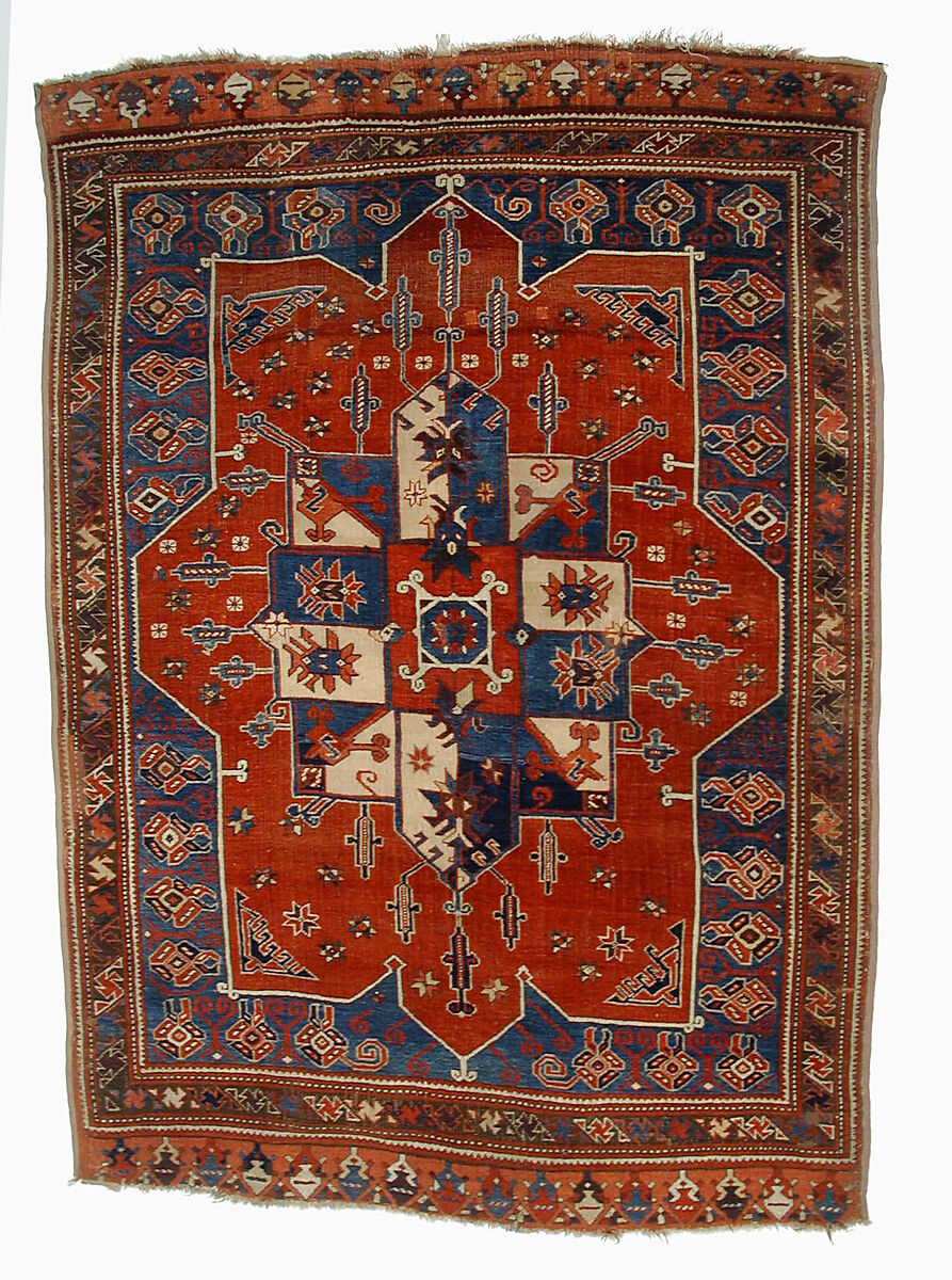 Tribal Carpet with Medallion Design, Wool (warp, weft and pile); symmetrically knotted pile 