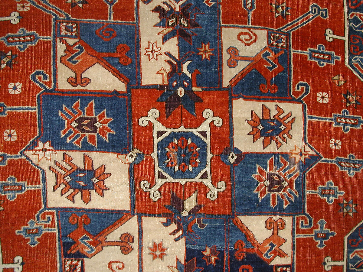 Tribal Carpet with Medallion Design, Wool (warp, weft and pile); symmetrically knotted pile
