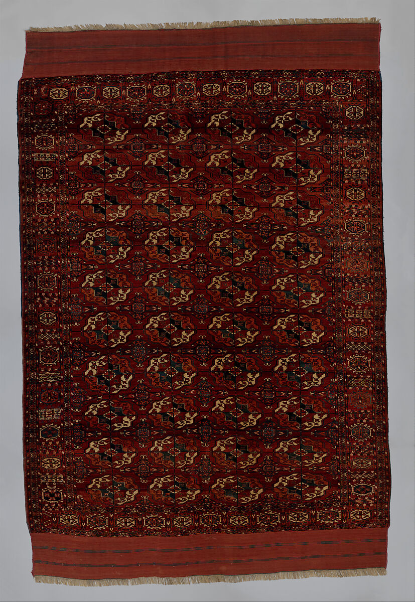 Tekke Main Carpet, Wool (warp), wool (weft and pile); asymmetrically knotted pile 