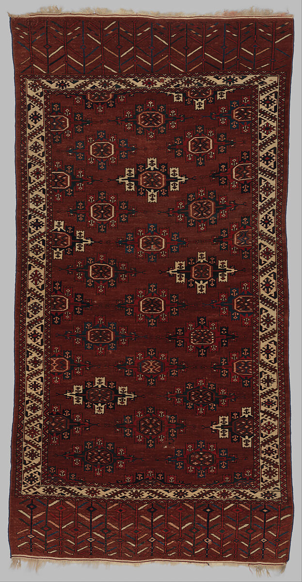 Yomut Main Carpet, Wool (warp, weft and pile); symmetrically knotted pile 