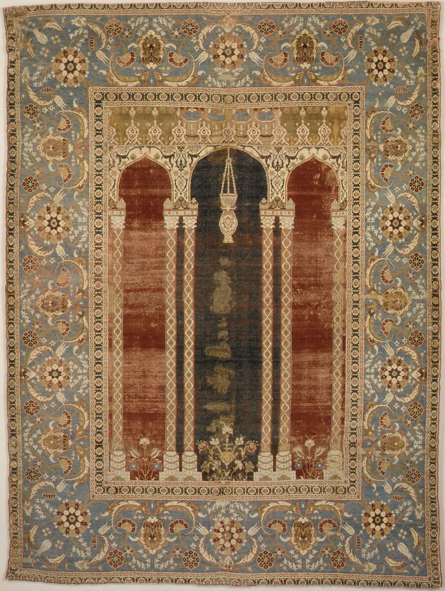 Carpet with Triple-Arch Design, Silk (warp and weft), wool (pile), cotton (pile); asymmetrically knotted pile 