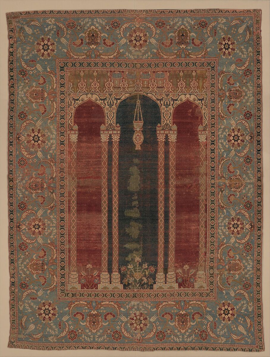 Carpet with Triple-Arch Design, Silk (warp and weft), wool (pile), cotton (pile); asymmetrically knotted pile  