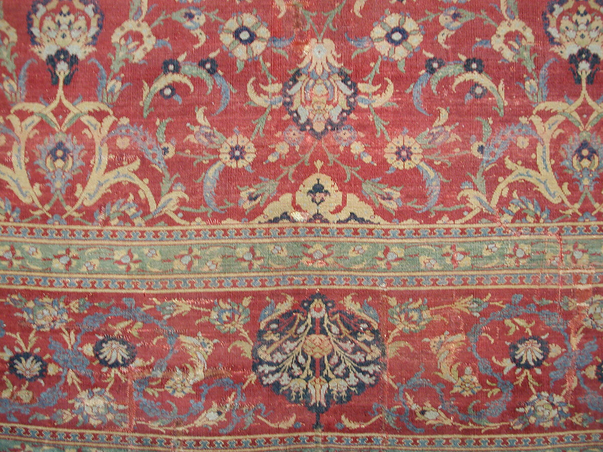 Carpet, Silk (warp), wool (weft and pile); asymmetrically knotted pile