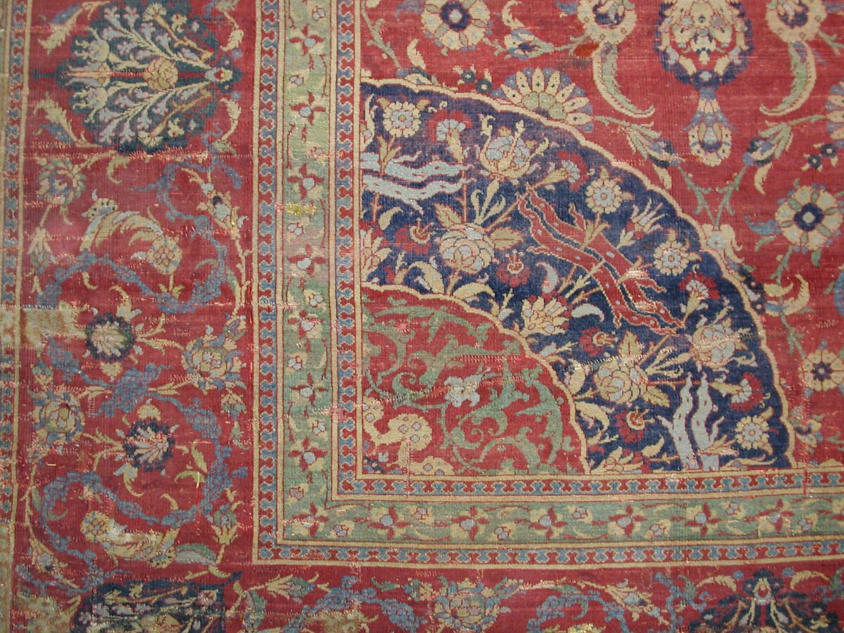 Carpet, Silk (warp), wool (weft and pile); asymmetrically knotted pile