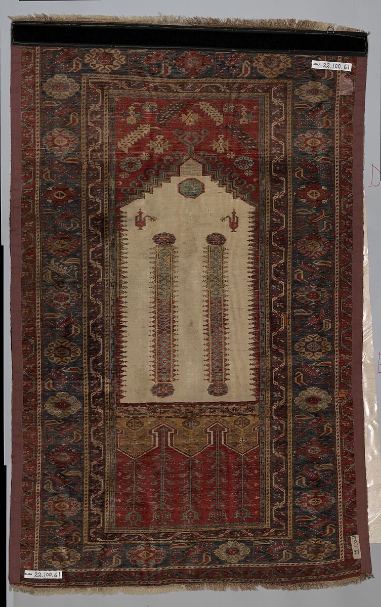 Prayer Rug, Wool (warp, weft and pile); symmetrically knotted pile 