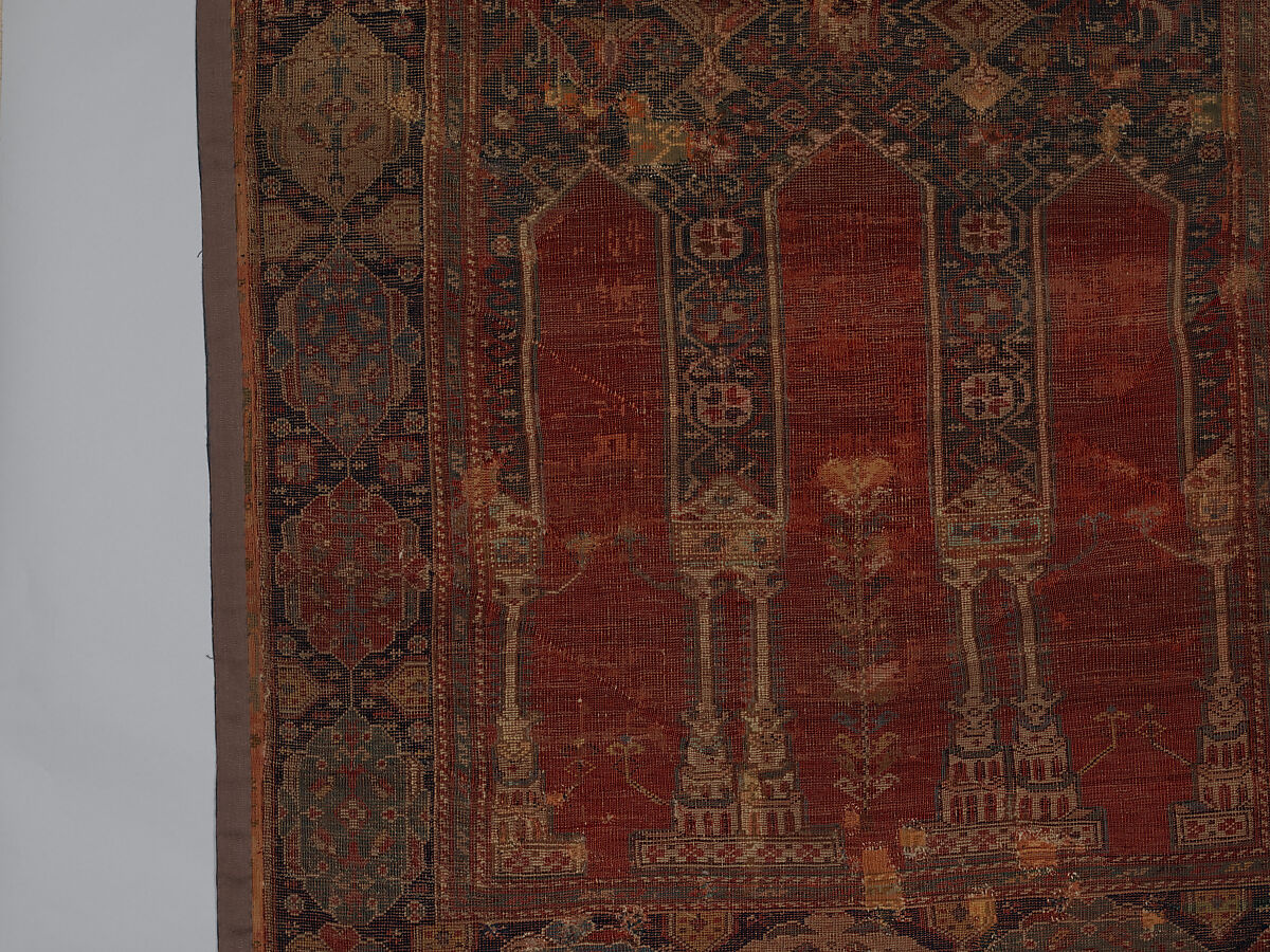 Prayer Rug with Coupled Columns, Wool (warp, weft and pile); symmetrically knotted pile