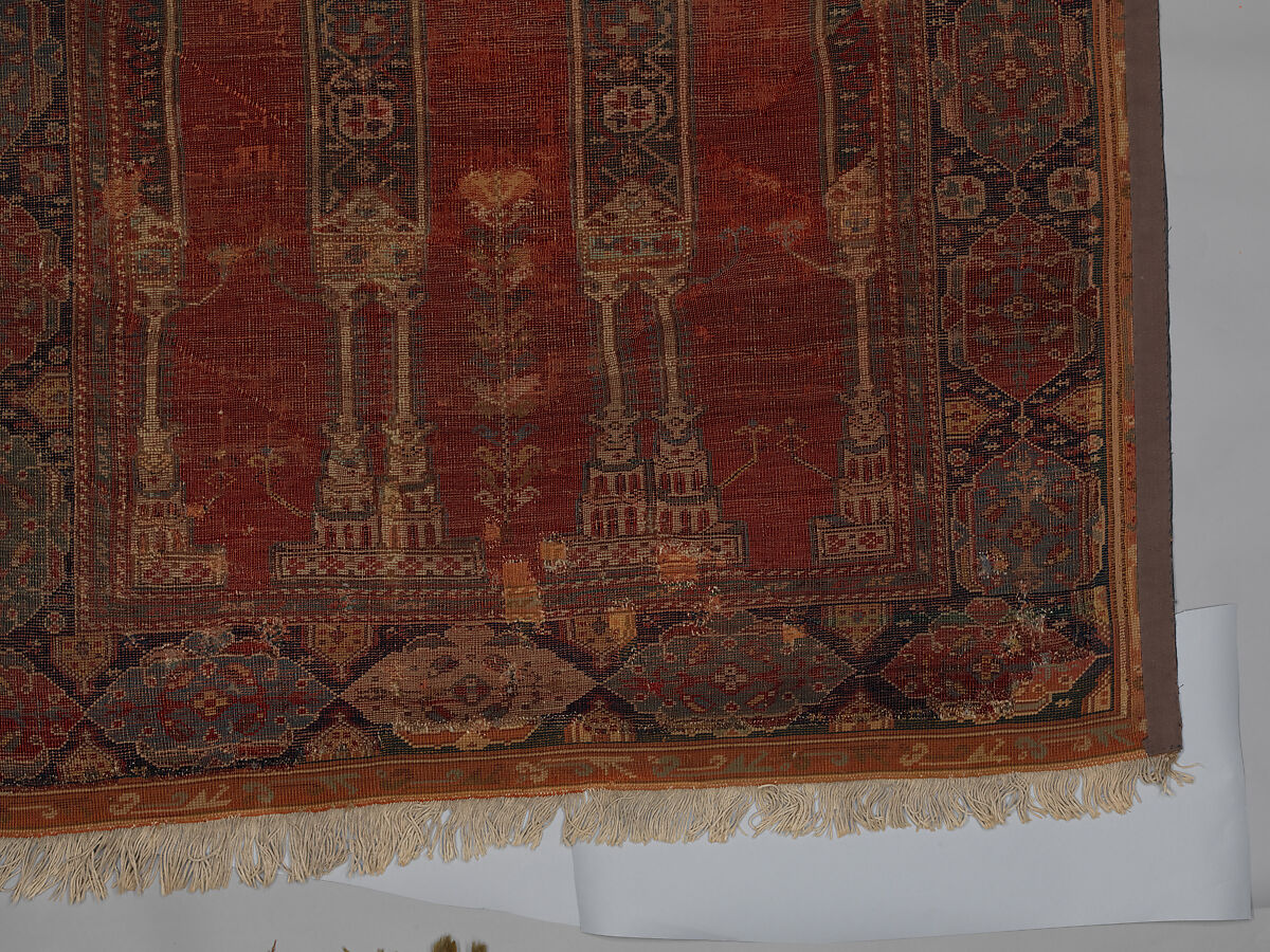 Prayer Rug with Coupled Columns, Wool (warp, weft and pile); symmetrically knotted pile