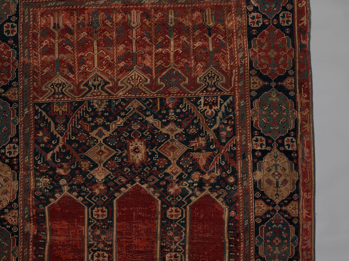 Prayer Rug with Coupled Columns, Wool (warp, weft and pile); symmetrically knotted pile