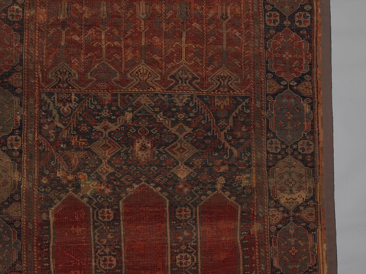 Prayer Rug with Coupled Columns, Wool (warp, weft and pile); symmetrically knotted pile
