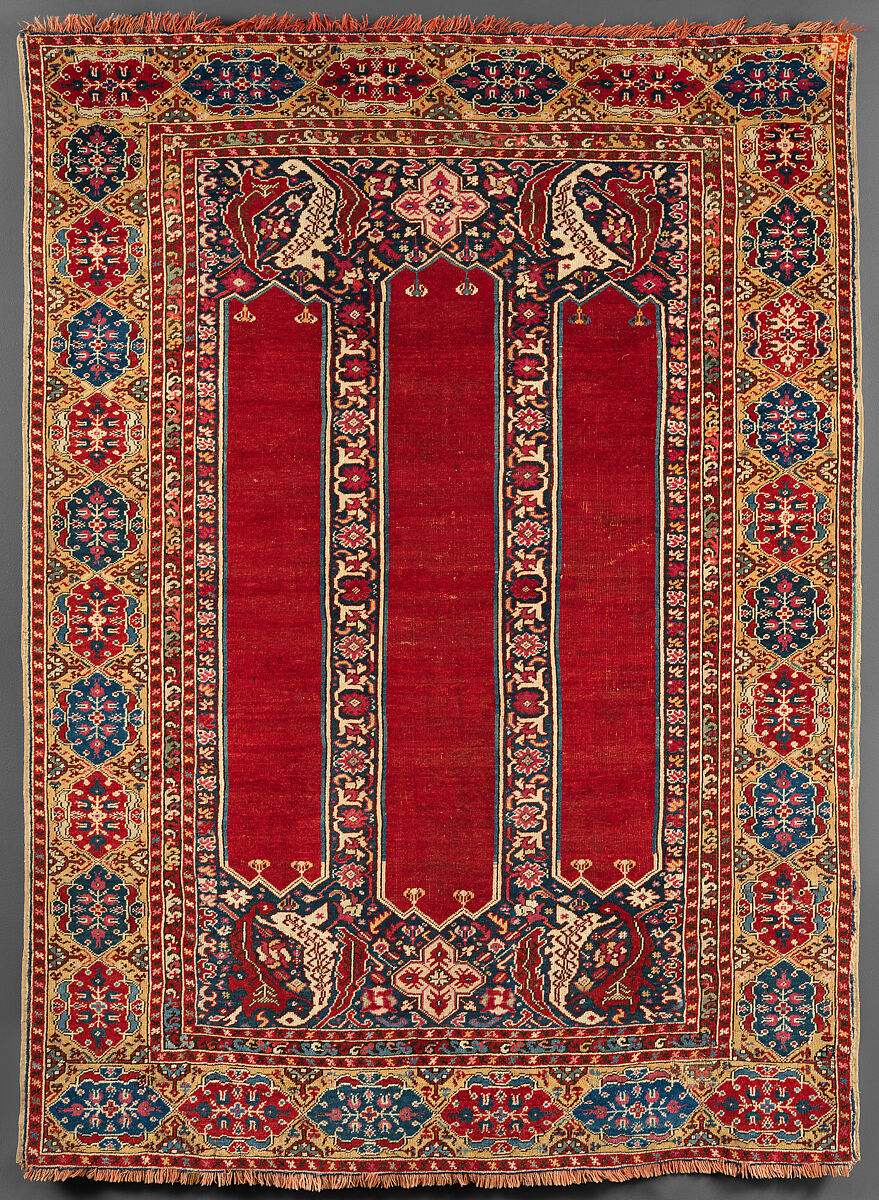 Carpet with Double-Ended Triple Niche, Wool (warp, weft and pile); symmetrically knotted pile 