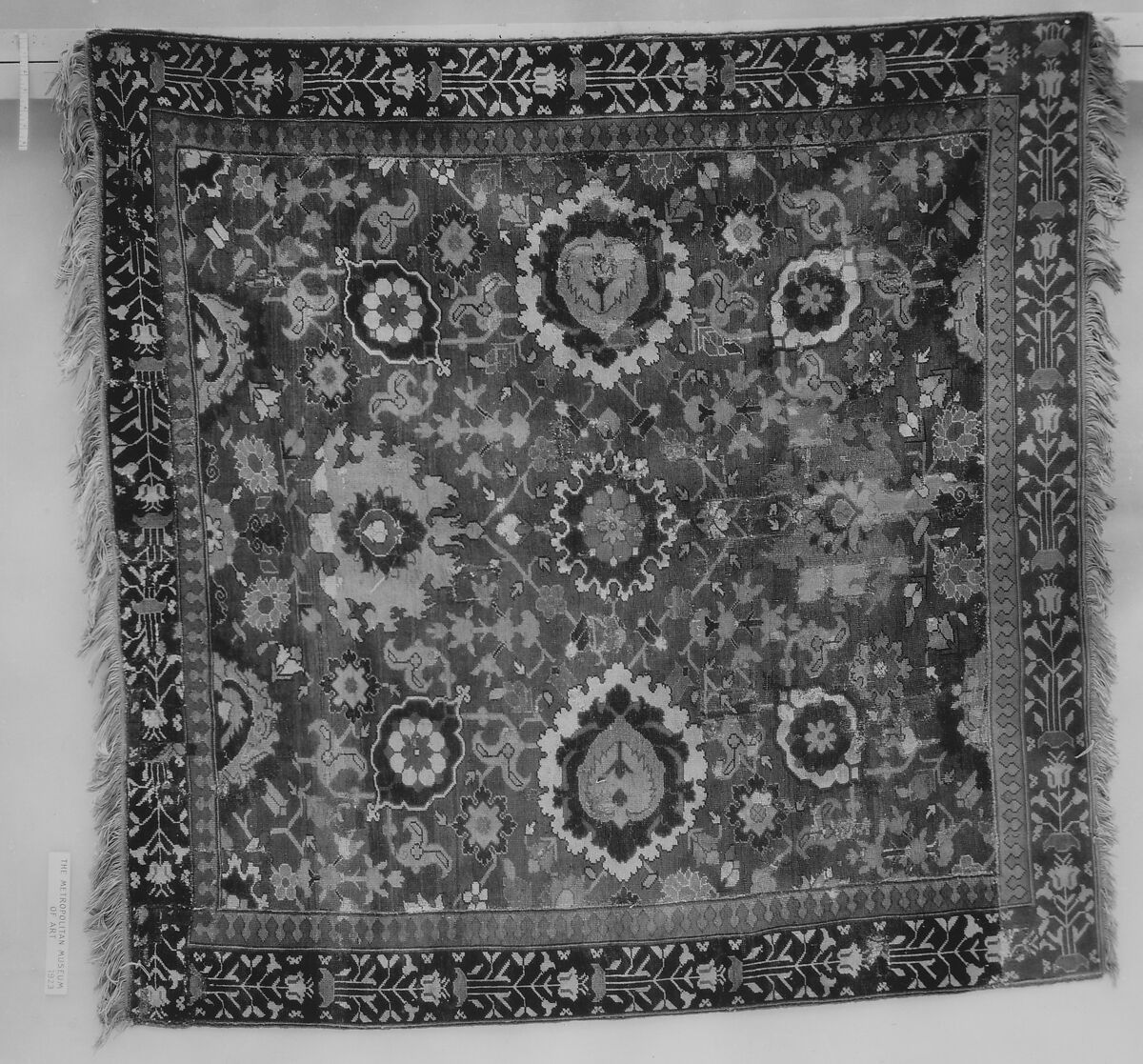 Fragment of a Red-Ground Harshang Carpet, Linen (warp), wool (weft and pile); symmetrically knotted pile 