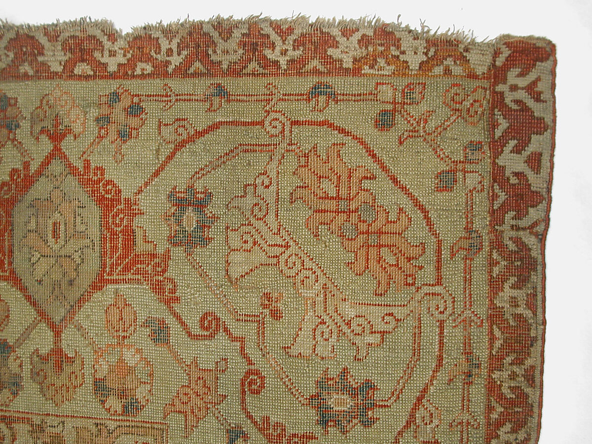 Carpet, Cotton (warp and weft), wool (pile); asymmetrically knotted pile