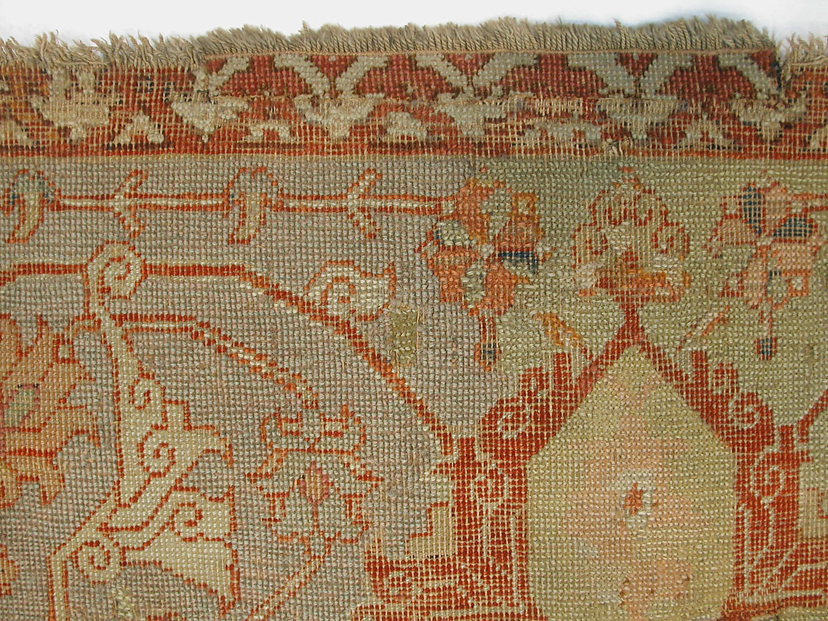 Carpet, Cotton (warp and weft), wool (pile); asymmetrically knotted pile