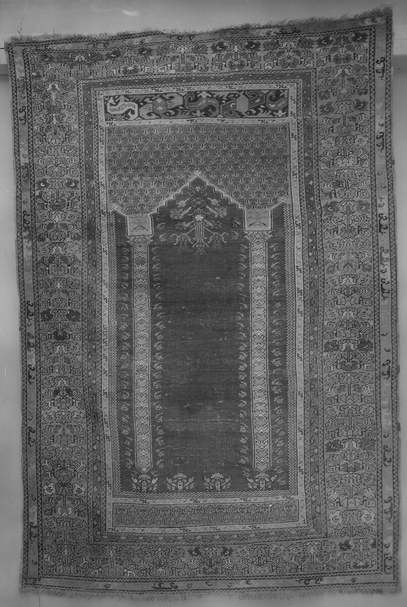 Red-Ground Prayer Rug, Wool (warp, weft and pile); symmetrically knotted pile 