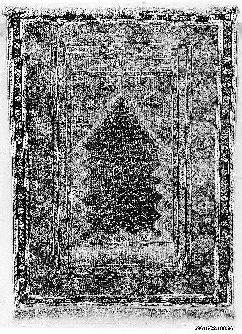 Prayer Rug with Inscription in Niche, Wool (warp, weft and pile); symmetrically knotted pile