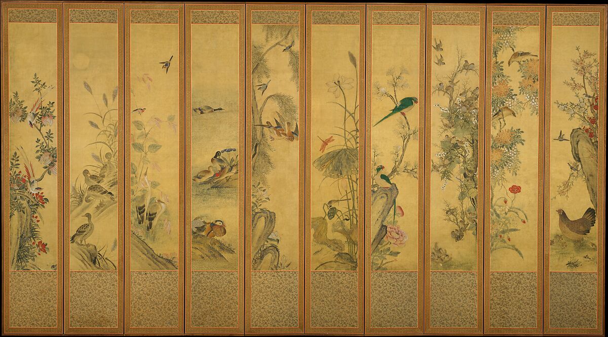 Birds and Flowers, Unidentified artist, Ten-panel folding screen; ink and color on silk, Korea 