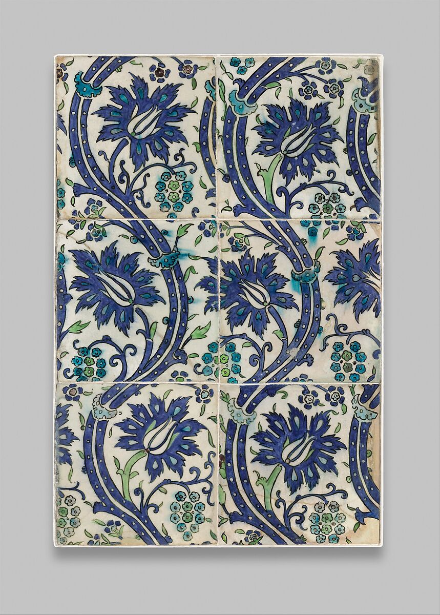 Tile Panel with Wavy-vine Design, Stonepaste; polychrome painted under transparent glaze 