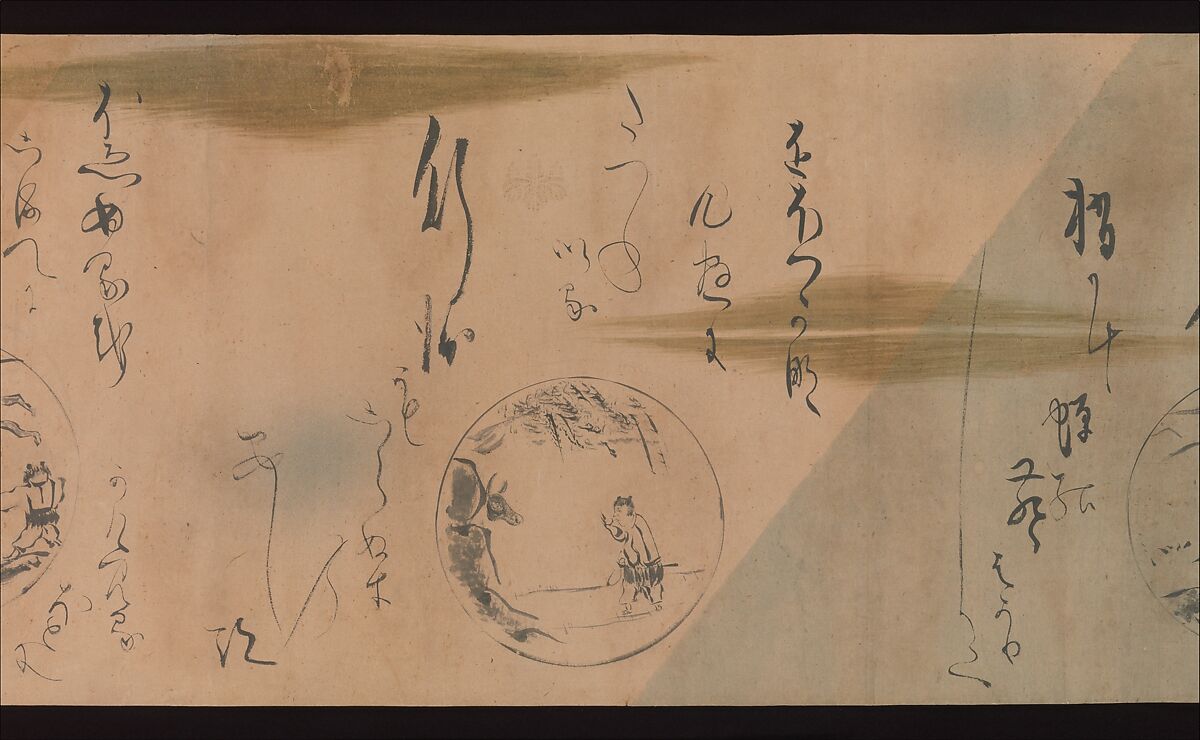 Ten Oxherding Songs, Karasumaru Mitsuhiro (Japanese, 1579–1638), Handscroll; ink on dyed paper with stenciled decoration in gold and silver, Japan