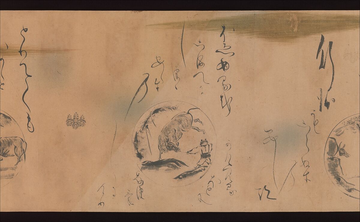 Ten Oxherding Songs, Karasumaru Mitsuhiro (Japanese, 1579–1638), Handscroll; ink on dyed paper with stenciled decoration in gold and silver, Japan