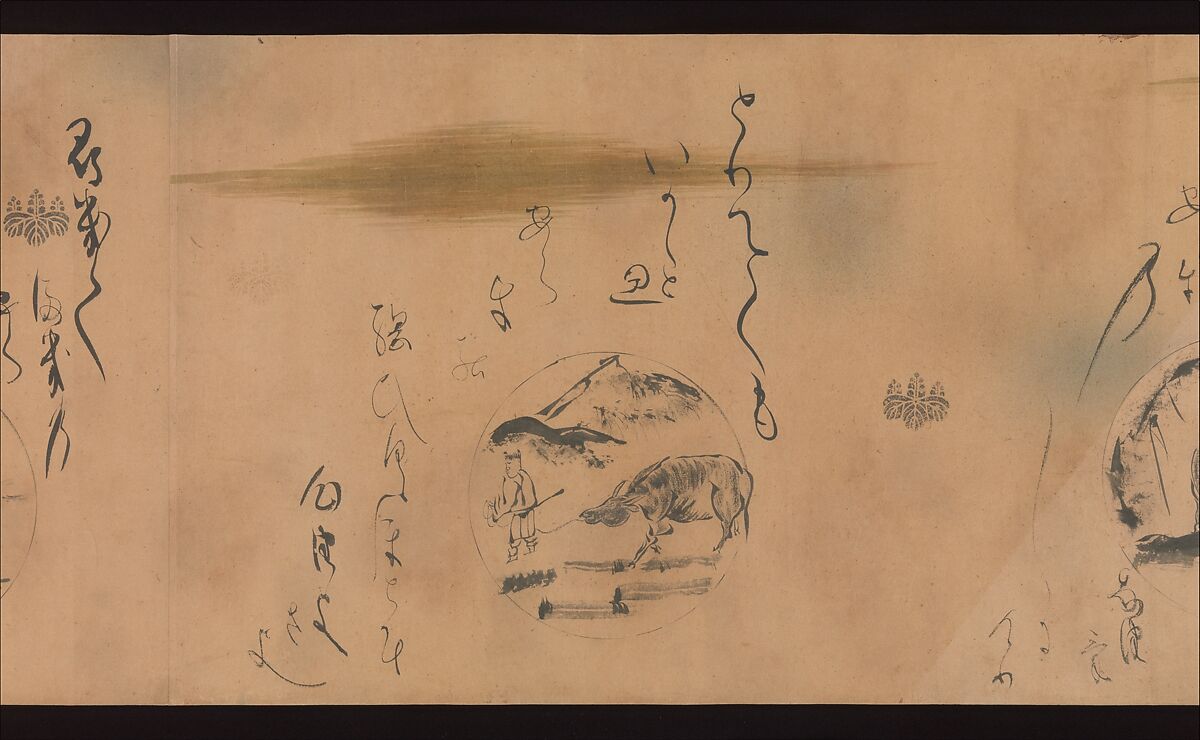 Ten Oxherding Songs, Karasumaru Mitsuhiro (Japanese, 1579–1638), Handscroll; ink on dyed paper with stenciled decoration in gold and silver, Japan