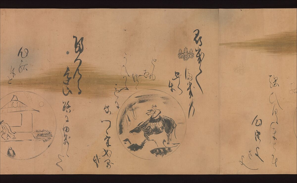 Ten Oxherding Songs, Karasumaru Mitsuhiro (Japanese, 1579–1638), Handscroll; ink on dyed paper with stenciled decoration in gold and silver, Japan